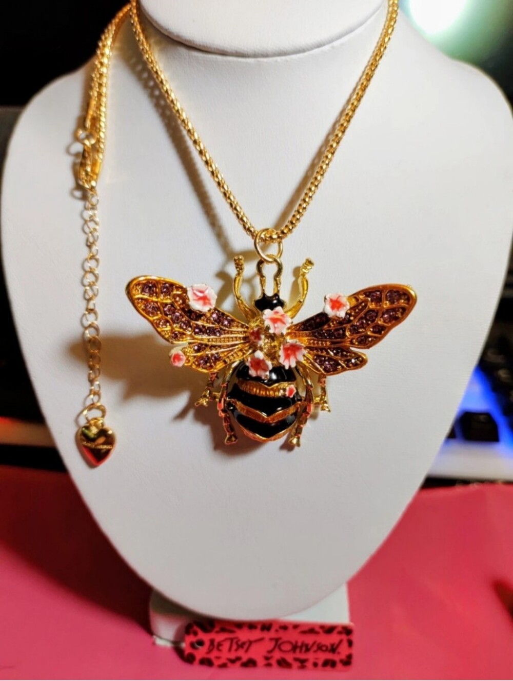 Betsey Johnson Golden Stripe Bumble Bee Necklace with Pink Flower Accents